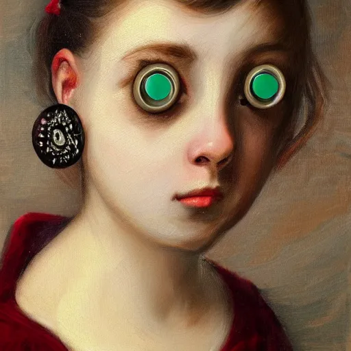 Image similar to a portrait painting of a girl with eyeballs as earrings and a huge bow on her head, 4k,