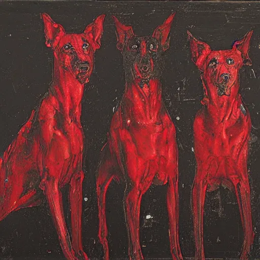 Prompt: a pach of black greyhounds walking through red flowers, by nicola samori
