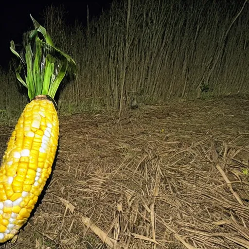 Prompt: giant corn on the cob, caught on nighttime trail cam footage, ominous