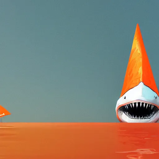 Prompt: great white shark, side view, with a silver and orange striped traffic cone construction cone on its dorsal fin, ocean background detailed atmospheric - ron cheng & alphonse mucha, highly detailed, digital painting, ray tracing, concept art, illustration, smooth sharp focus, intricate, symmetry, artstation,