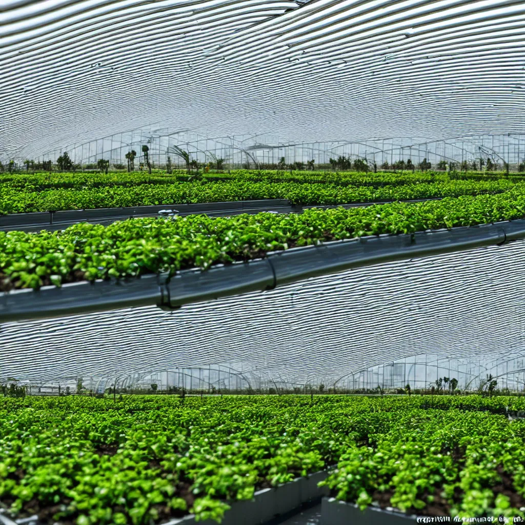 Image similar to zaha hadid style greenhouse, irrigation system in the background, racks of vegetables propagated under shadecloth, in the middle of the desert, with a miniature indoor lake, XF IQ4, 150MP, 50mm, F1.4, ISO 200, 1/160s, natural light at sunset with outdoor led strip lighting