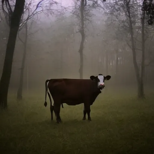 Image similar to low quality photograph of a cow looking at the camera at night, dark, creepy mood, dark forest, low lighting