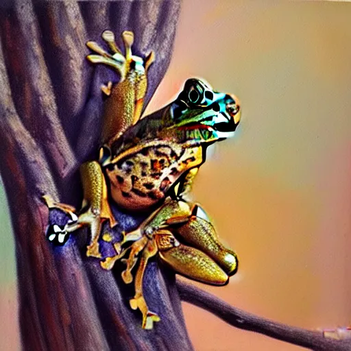 Prompt: beautiful oil painting of a common frog on a tree, sunlight, award - winning, matte,