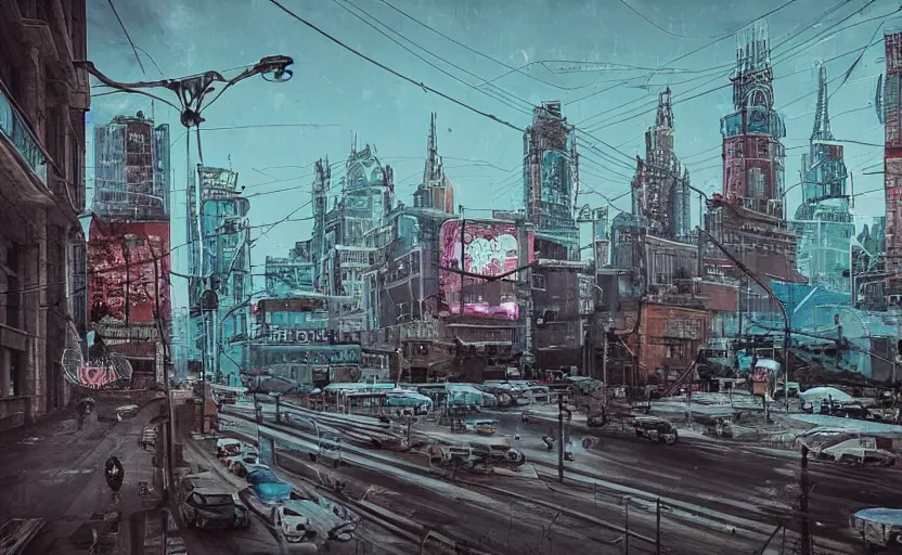 Prompt: city in russia 2 0 7 7, ufa, punk, grunge, cyberpunk