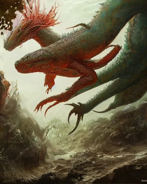 Image similar to ethereal, mysteriously beautiful giant huge kaiju sized pond dragon half fish half salamander, sea dragon, wet amphibious skin, red salamander, axolotl creature, pond, village by Ruan Jia and Gil Elvgren, fullbody