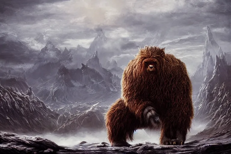 Image similar to highly detailed elden ring portrait photo of a huge furbolg megalophobia in a scenic dystopian environment, hyperrealistic illustration by william didier - pouget