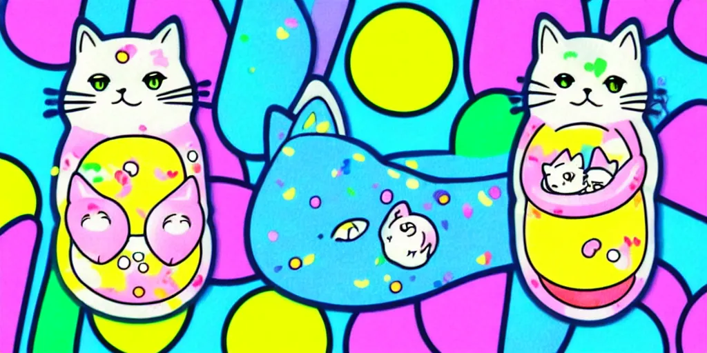 Image similar to a cat burrito, puffy sticker, glitter sticker, kawaii by studio ghibli, by lisa frank 8 k pastel colours, neon colours, fluorescent colours,