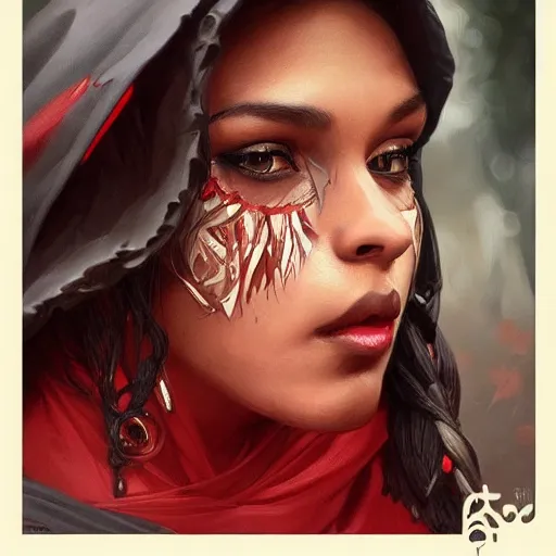 Image similar to Beautiful face Portrait of Little Red Riding Hood with a black panther, intricate, wild, highly detailed, digital painting, artstation, concept art, smooth, sharp focus, illustration, art by artgerm and greg rutkowski and alphonse mucha, footage from space camera