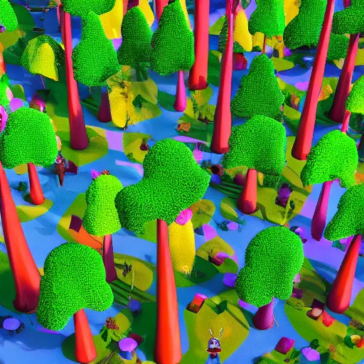 Image similar to forest of many 3 d cartoon trees, all unique, colourful