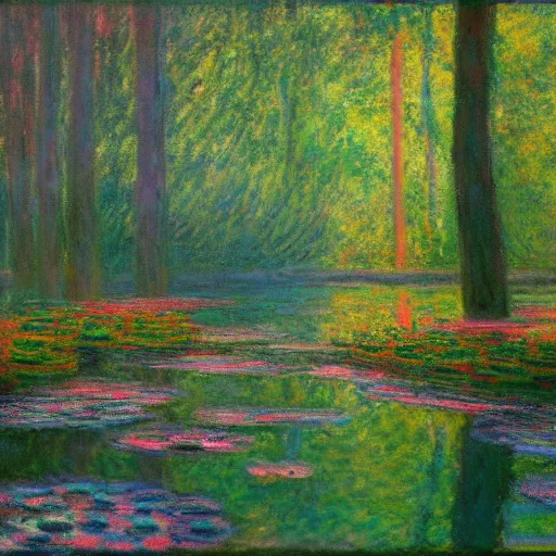 Image similar to A magical forest by Greg Rutkowsky and Claude Monet