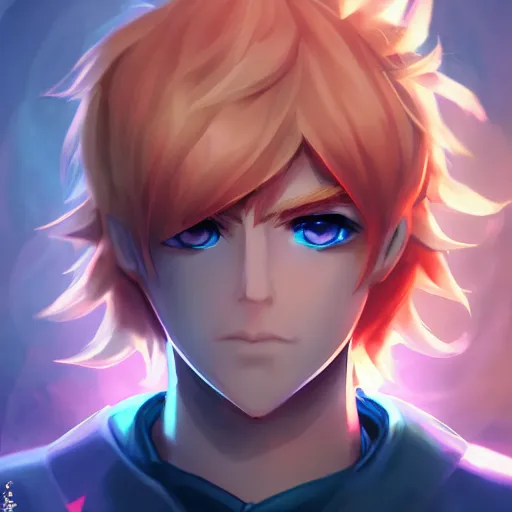 Prompt: league of legends character style of teenager cute boy, blonde hair, blue eyes, shows magic, close up, cinematic light, dark room, detailed, photo, 8K