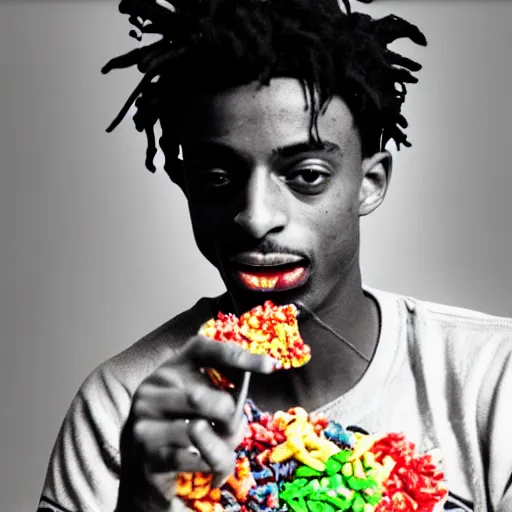 Image similar to a realistic photo of playboi carti eating fruity pebbles, film grain, vintage photo, high contrast