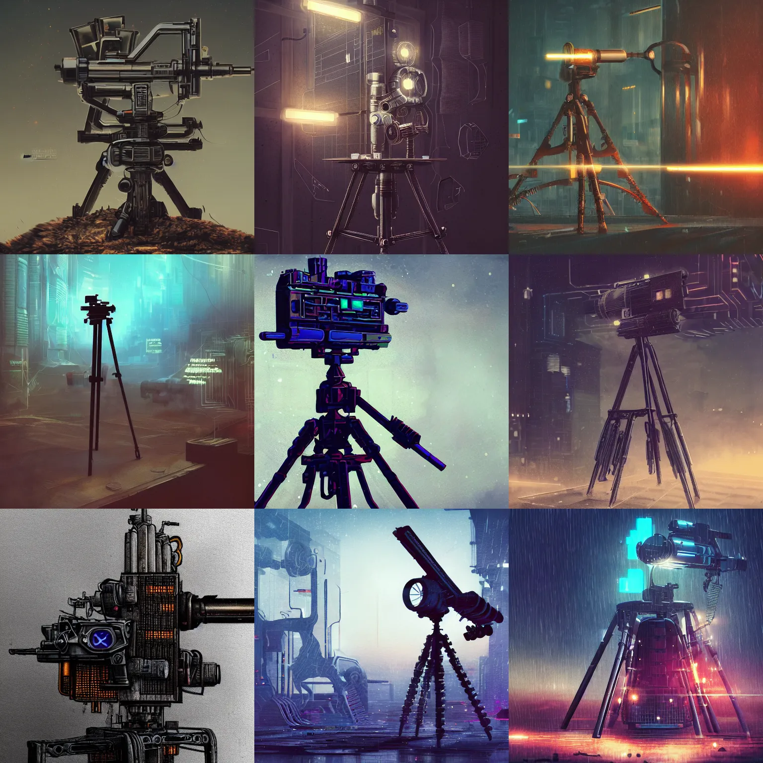 Prompt: drawing of a machine gun on a tripod, cyberpunk art by Mike Winkelmann, behance contest winner, kinetic art, steampunk, apocalypse art, 2d game art