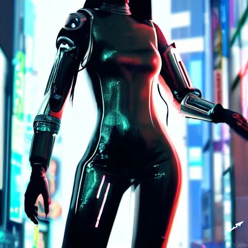 Image similar to An epic comic hyperrealistic illustration of a asia cyber warrrior girl wearing futuristic wardrobe, black and silver, ultradetailed face expression trending on artstation and artbreeder, cyberpunk 2077 color, heavy rainning at tokyo street night, neon light, DAZ, 8k, unreal 5 engine render, cosplay, RPG portrait, final fantasy Vll world concept, dramatic lighting, rim lights, PS5 render quality