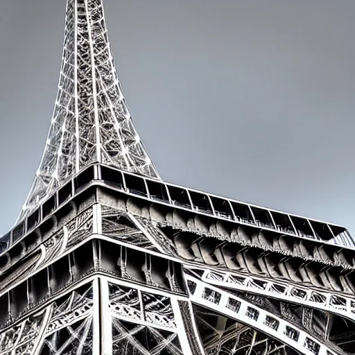 Image similar to The Eiffel tower redesigned as brutalist architecture, Colour photograph, detailed, architecture