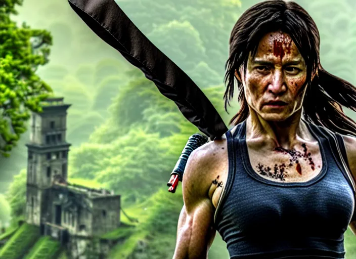 Image similar to film still of!!!! jackie chan jackie chan jackie chan!!! as lara croft in new tomb raider movie, 8 k