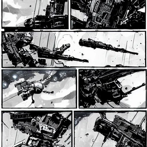 Image similar to space battle, industrial scifi, cyberpunk, in the style of Ashley Wood and Moebius