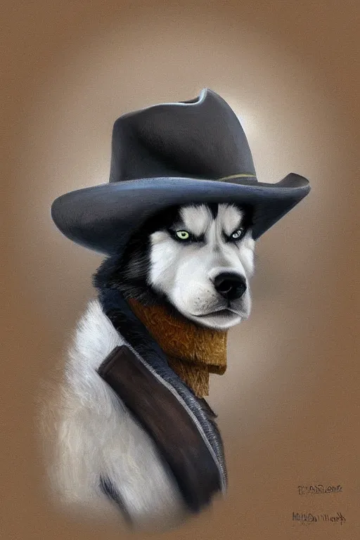 Image similar to a portrait painting of a husky in cowboy costume, wearing a cowboy hat, in the style of anime, trending on artstation