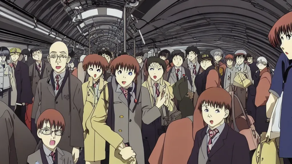 Prompt: horror movie about the london underground tube subway, anime film still from the an anime directed by katsuhiro otomo with art direction by salvador dali, wide lens