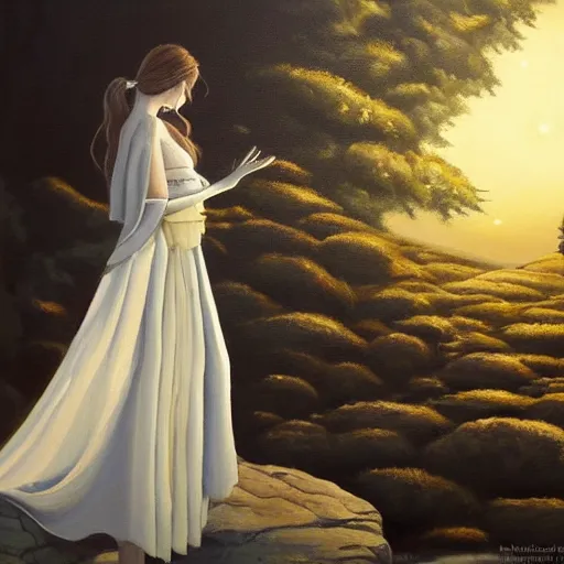 Image similar to a painting of a woman in a white dress pondering life as she watches the sun set, a painting by ansel adams, deviantart, fantasy art, sunrays shine upon it, deviantart, mystical