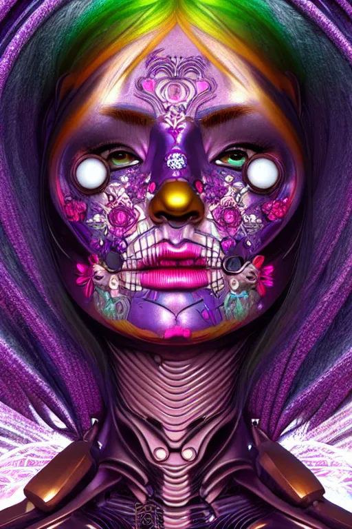 Image similar to ultra detailed female android deity, 8 k, still from a movie!!, flowerpunk, psychedelic vector art!!!, digital painting, sci - fi, fantasy, ( dia de los muertos ), asymmetrical,!! concept art, art by artgerm and giger and michael welan and alphonse mucha and loish and wlop