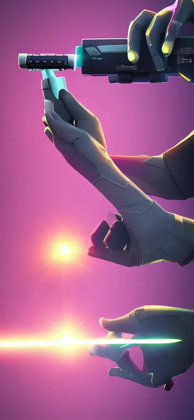 Image similar to “ hand in glove holding laser gun from the side, cinematic, digital art, fortnite style, award winning ”