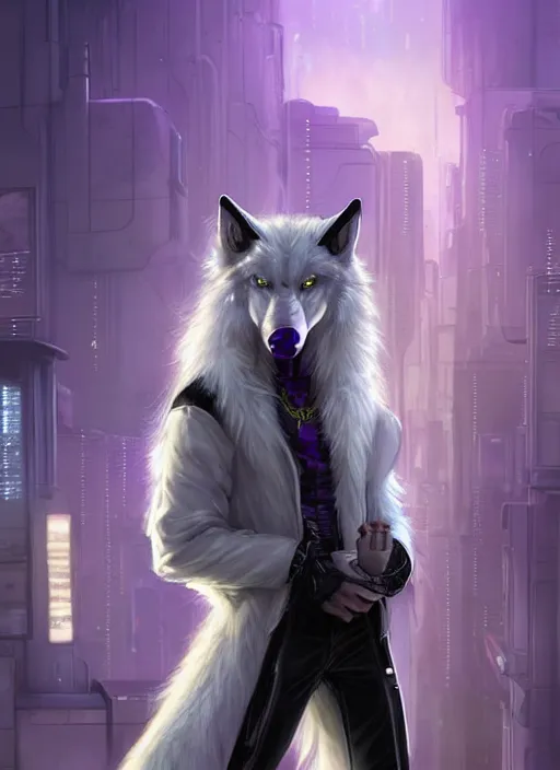 Image similar to award winning beautiful portrait commission of a male furry anthro albino wolf fursona with a tail and a cute beautiful attractive detailed furry face wearing stylish black, purple and yellow cyberpunk biker clothes standing on top of a high rise in a cyberpunk city at night while it rains. Character design by charlie bowater, ross tran, artgerm, and makoto shinkai, detailed, inked, western comic book art