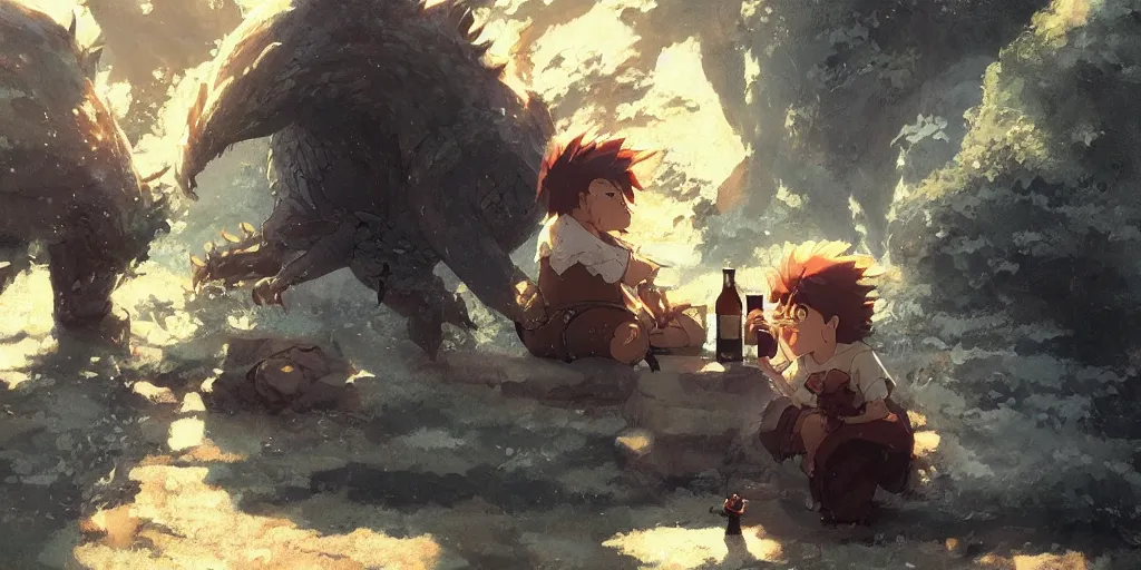 Image similar to a dwarf and his small pet dragon drinking a beer together | sharp contrast | by greg rutkowski makoto shinkai takashi takeuchi studio ghibli