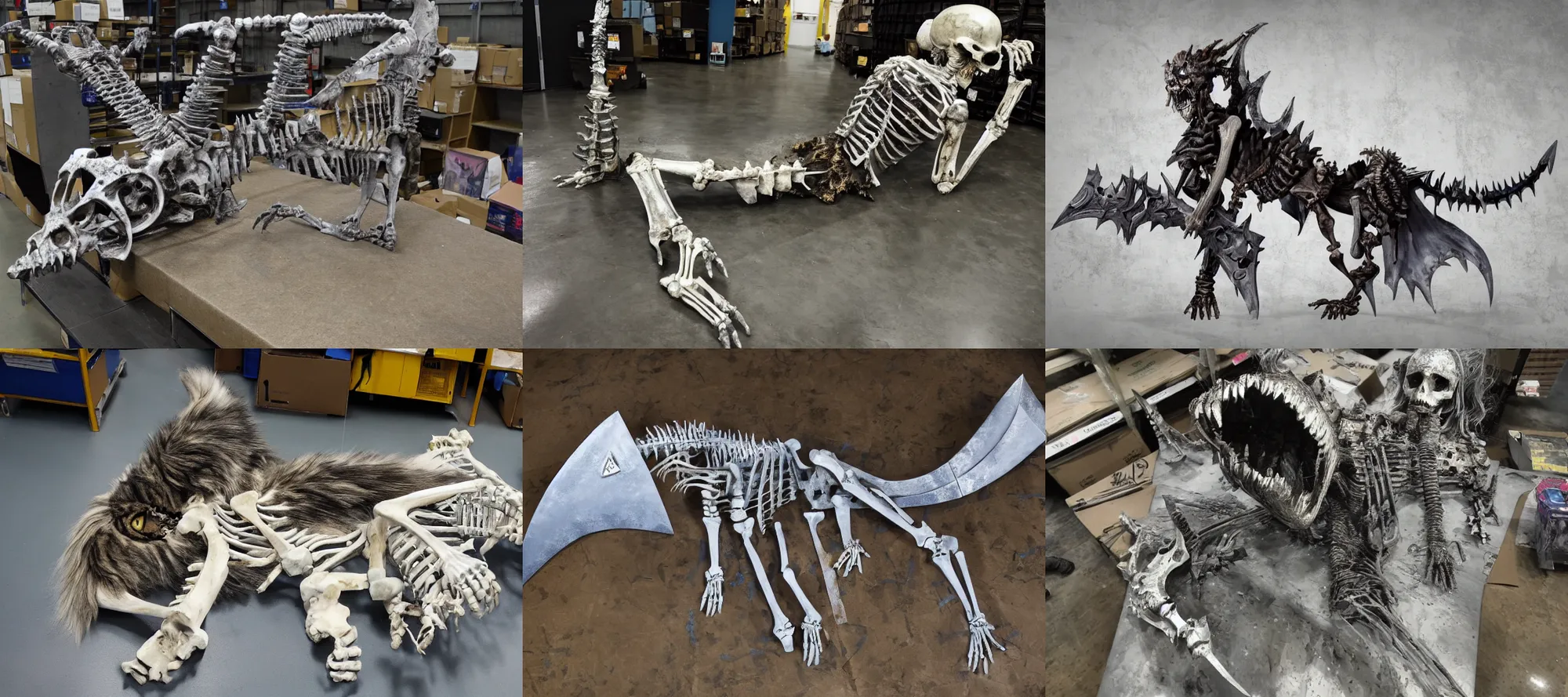 Prompt: picture of frostmourne, the skeleton of a maine coon cat zombie prowling through amazon warehouse factory floor