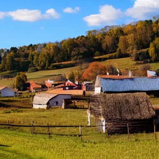 Prompt: country side village with blue grass and brown sky