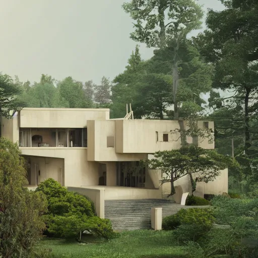 Image similar to beige rectangular house with big central garden, on a hill surrounded by big trees, dramatic lighting, artstation, matte painting, raphael lacoste, simon stalenhag, frank lloyd wright, zaha hadid, drone view