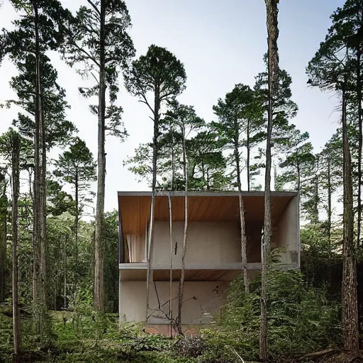 Image similar to “ large openings frame views of the villa's positioning amidst a fir - tree woodland. ”