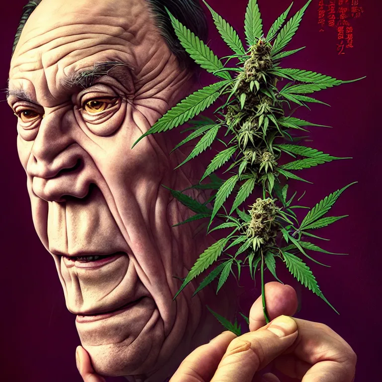 Image similar to a portrait of a cannabis devil premier francois legault in 2 0 2 1 illustrated by miyazaki by karol bak, james jean, tom bagshaw, rococo, sharp focus, trending on artstation, cinematic lighting, hyper realism, octane render, 8 k, hyper detailed, vivid, ultra detailed, highly detailed