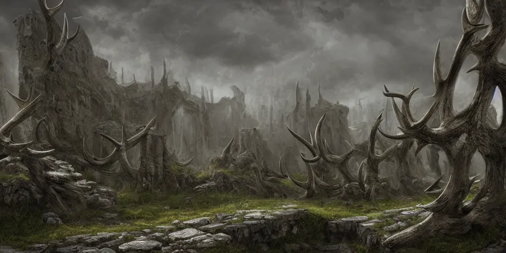 Prompt: a highly detailed matte painting of a greco roman wall overgrown with antlers made of stone, ominous, foreboding, dark, trending on artstation,