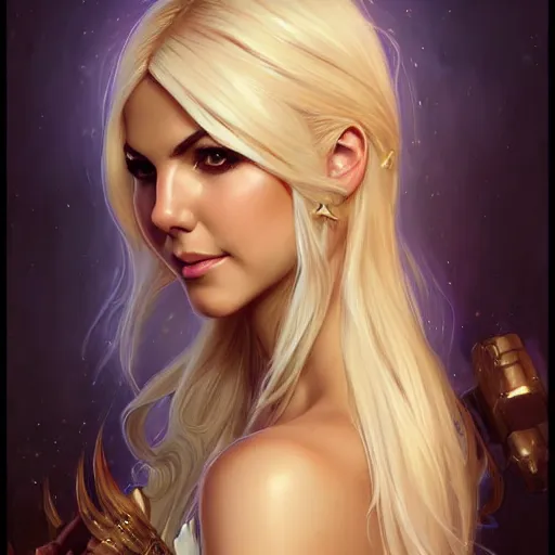 Image similar to Blonde Victoria Justice with hazel eyes as Emma Frost, western, D&D, fantasy, intricate, elegant, highly detailed, digital painting, artstation, concept art, matte, sharp focus, illustration, art by Artgerm and Greg Rutkowski and Alphonse Mucha