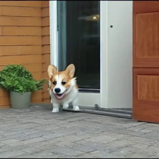 Image similar to front door security camera footage of a corgi mistaken as a delivery package