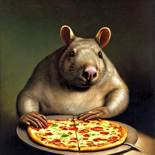 Prompt: wombat with a large cheese pizza by rembrandt