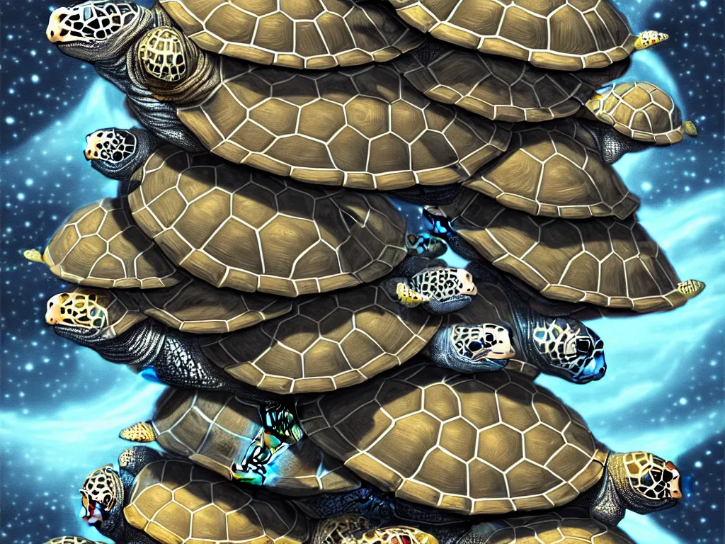 Prompt: portrait of a stack of celestial turtles with the flat earth on the back of the top one, white and gold scales, fantasy, intricate, highly detailed, digital painting, artstation, concept art, smooth and sharp focus