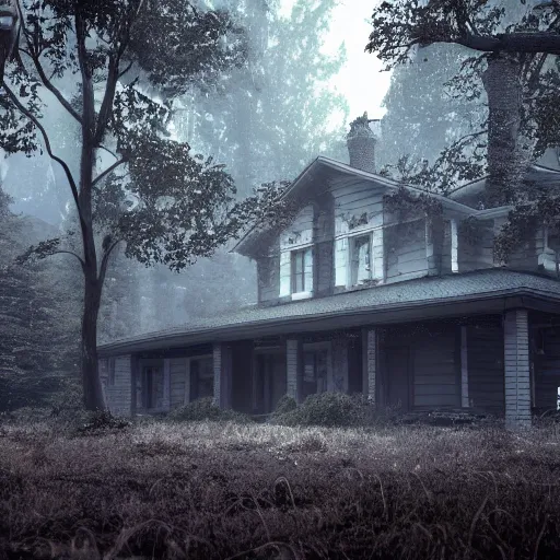 Prompt: horror, house, forest, rain, dark, octane render, artstation, unreal engine 5 highly detailed, epic composition,