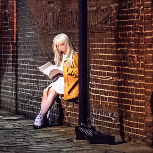 Prompt: luna lovegood reading a book in a dark alley, photo realistic, new york atmosphere, low light, buildings and bricks