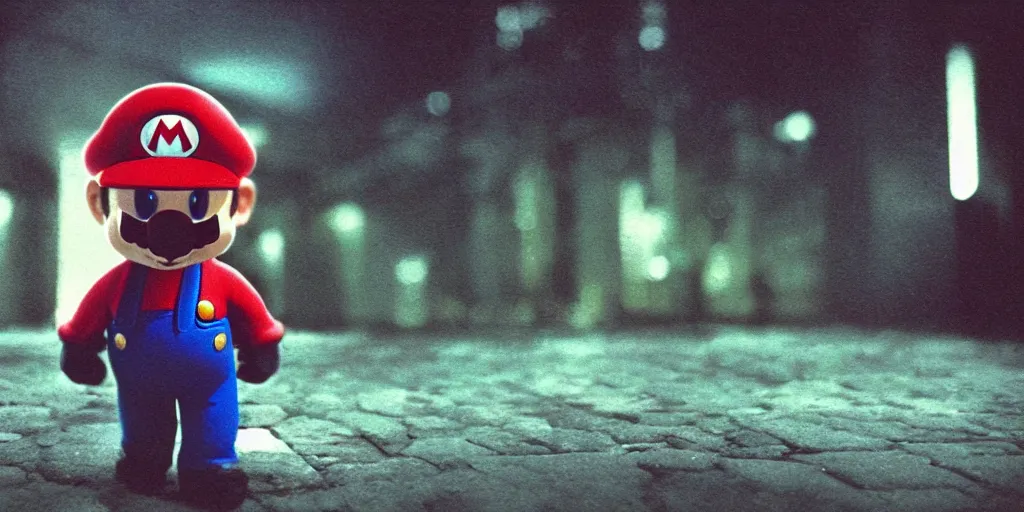 Image similar to super mario, matrix, dslr film, cinestill 8 0 0 t, cinematic shot, white noise, matrix filter