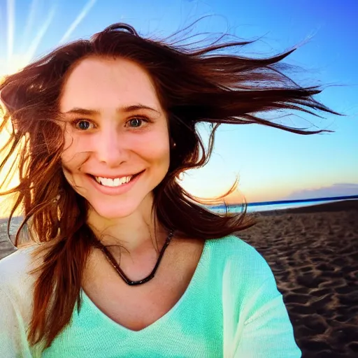 Image similar to A cute young woman, long shiny bronze brown hair, green eyes, cute freckles, smug smile, golden hour, beach setting medium shot, mid-shot,