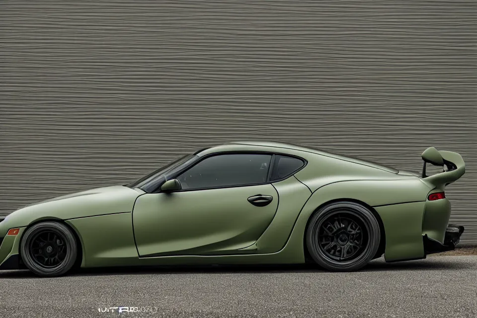 Prompt: Matte olive green Toyota Supra mk4 with widebody kit on highway, hyper realistic, car photography, 8k,