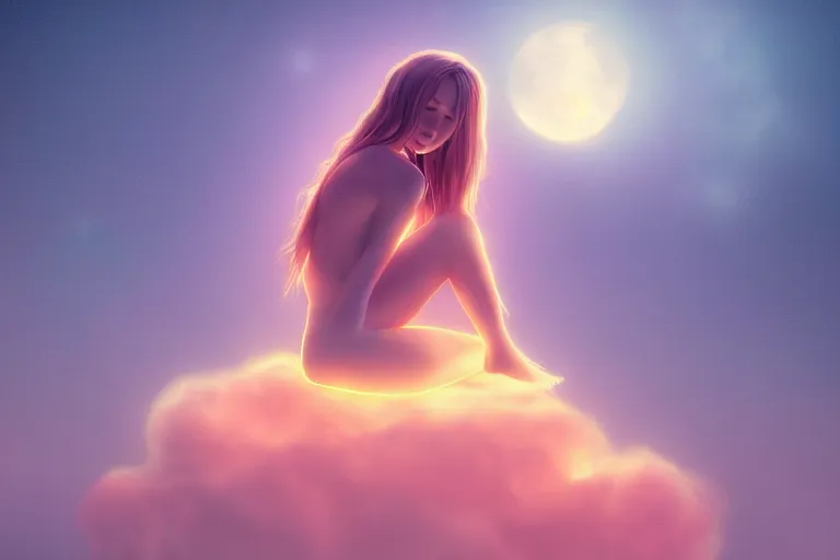 Image similar to a cute alien girl sitting on a cloud relaxing, misty, glows, digital art, hazy, foggy, red lighting, ambient lighting, 8 k,