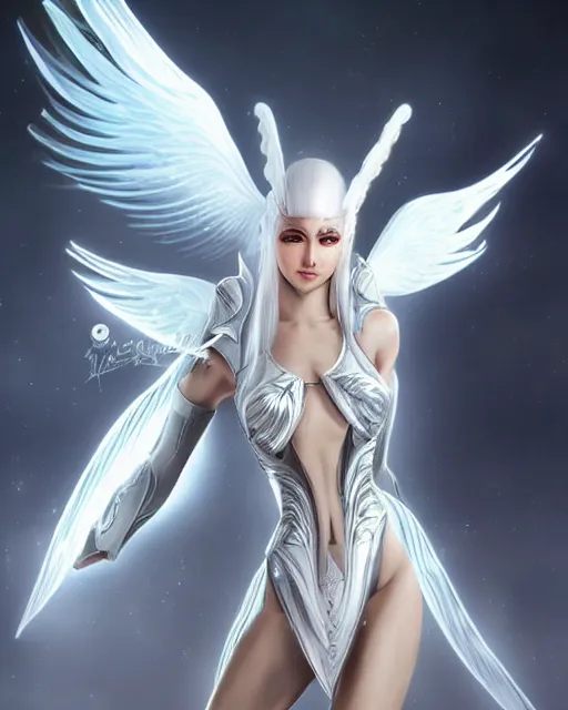 Prompt: perfect white haired egyptian goddess wearing white dove wings, warframe armor, regal, attractive, ornate, beautiful, dreamy, half asian, pretty face, blue eyes, detailed, scifi platform, 4 k, ultra realistic, epic lighting, android body, illuminated, cinematic, masterpiece, art by akihito tsukushi, voidstar, artgerm