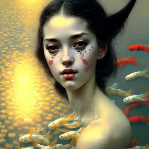 Prompt: Portrait of a girl surrounded by Koi fish, face, fantasy, intricate, elegant, highly detailed, digital painting, artstation, concept art, smooth, sharp focus, illustration, art by Heady Tale and Artem Demura and Norman Rockwell