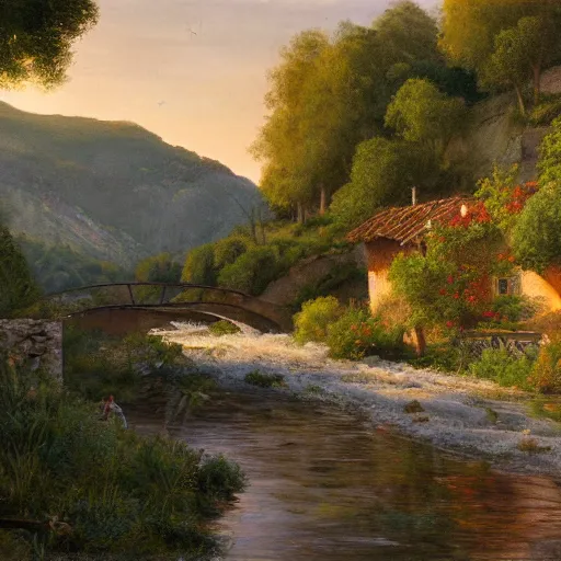 Image similar to High-Quality realist painting of a river crossing a traditional village in a valley in the French Riviera at dawn, peaceful, very detailed, digital art.