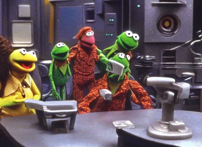 Prompt: scene from the 1 9 9 9 science fiction film muppet matrix