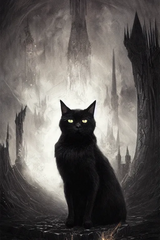 Image similar to artstation concept of a black cat as the dark lord sauron, dark mordor background, evil and dark, hyperdetailed, artstation trending, world renowned artists, worth1000.com, historic artworks society, antique renewel, cgsociety, by greg rutkowski, by Gustave Dore, Deviantart