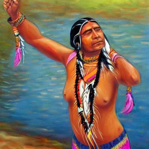 Prompt: full body, highly detailed, native indian woman swimming, painting